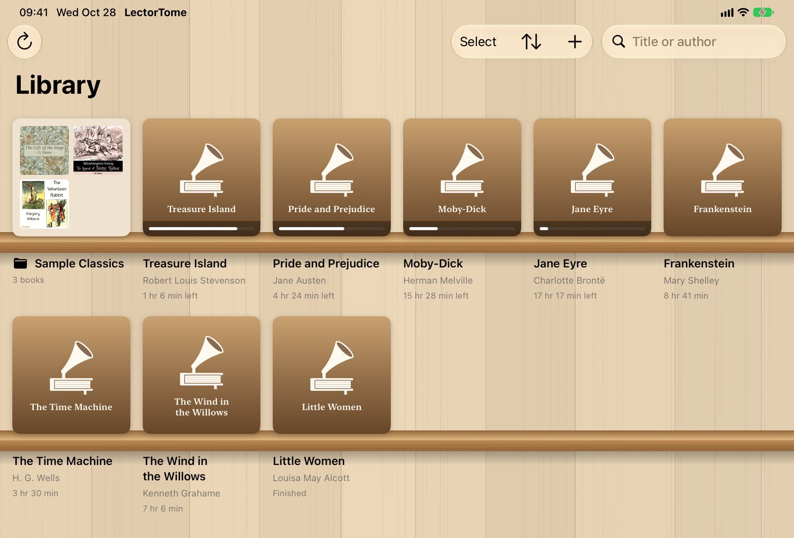 The LectorTome library on iPad: book covers standing on honey-oak shelves, each with a progress bar and the time left